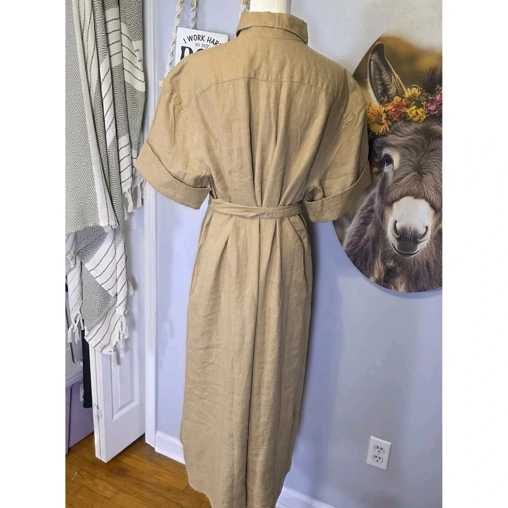 Polo Ralph Lauren Belted Linen Shirt Dress Size 12 Safari Tan Neutral Minimalist - Picture 2 of 11